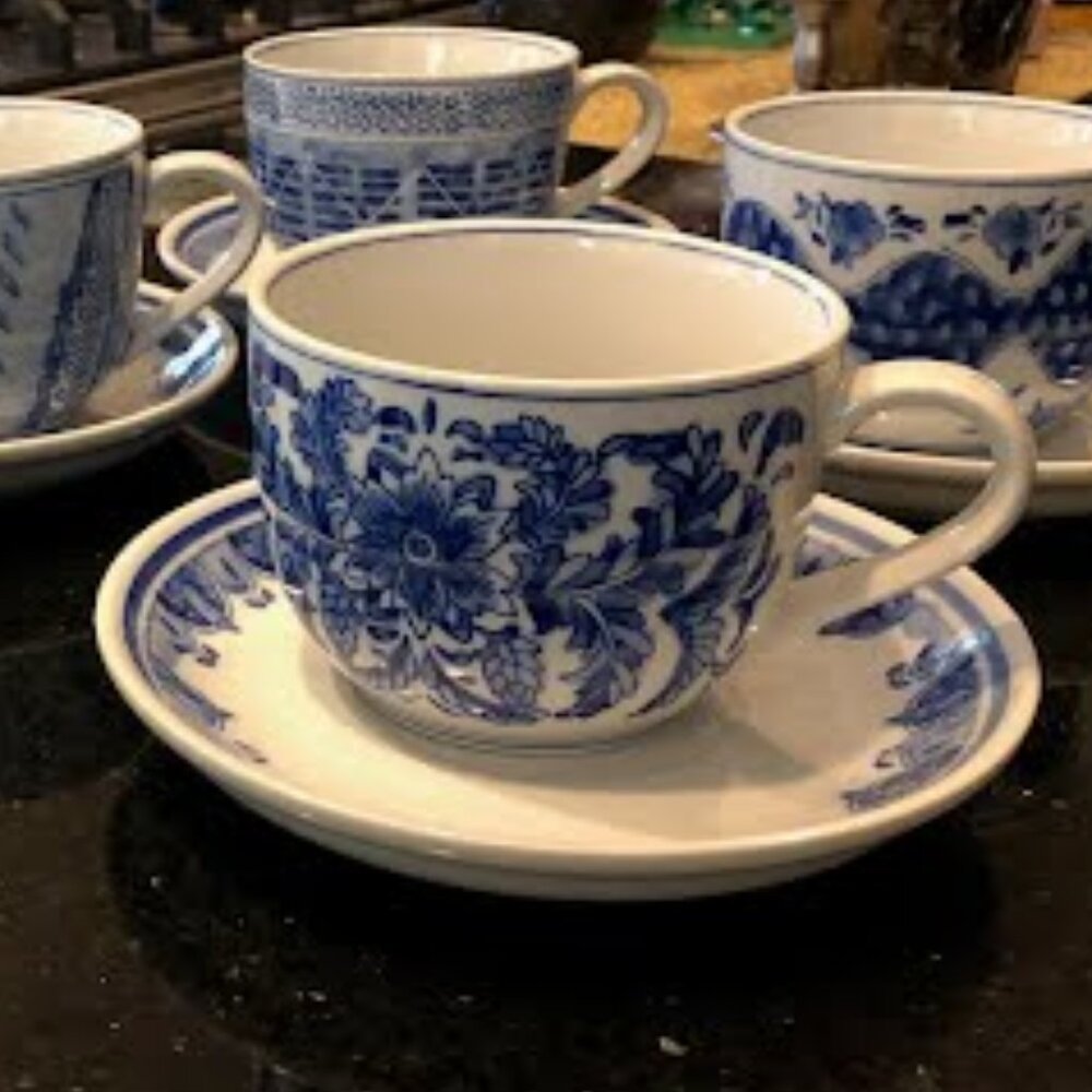 Neiman Marcus White Blue 12 Ounce Hand Paint Cups & Saucers (NEW) for One